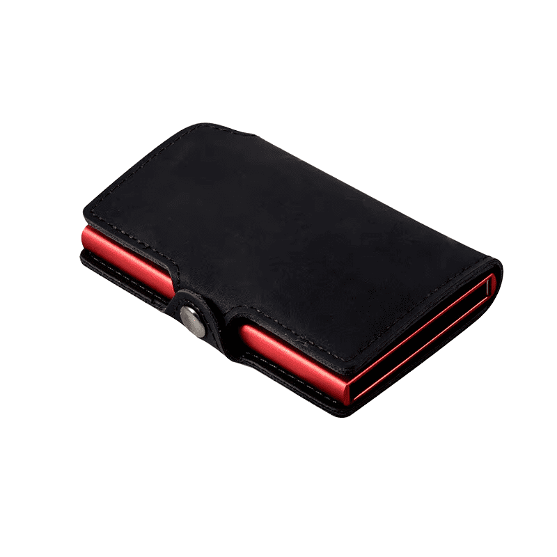 Kortahylki RFID í leðurhulstri-svart/rau
